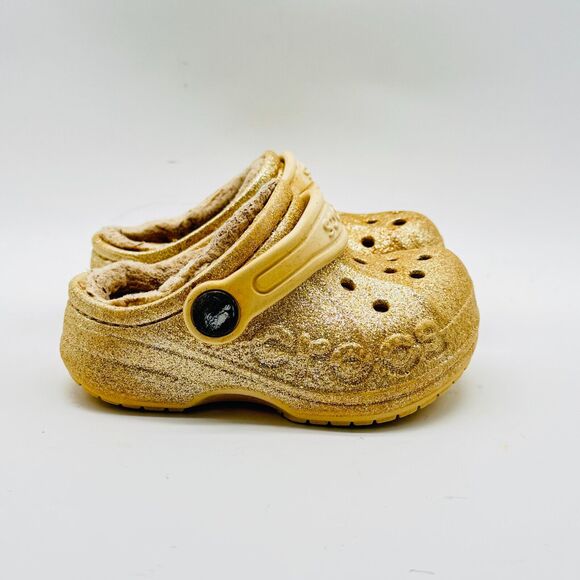 Crocs Clogs Girls 6c Gold Glitter Fleece Lined Croslite Rubber Slip On Mules - Picture 1 of 12